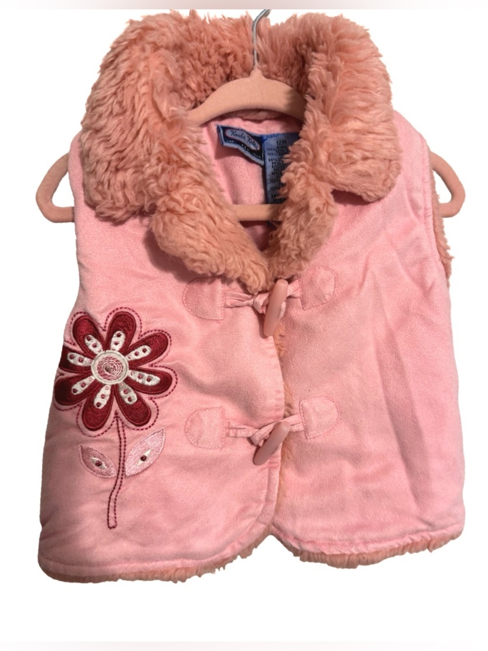 Koala Kids Pink Faux Fur Embroidered Flower Vest Baby Girls 12M Y2K Style